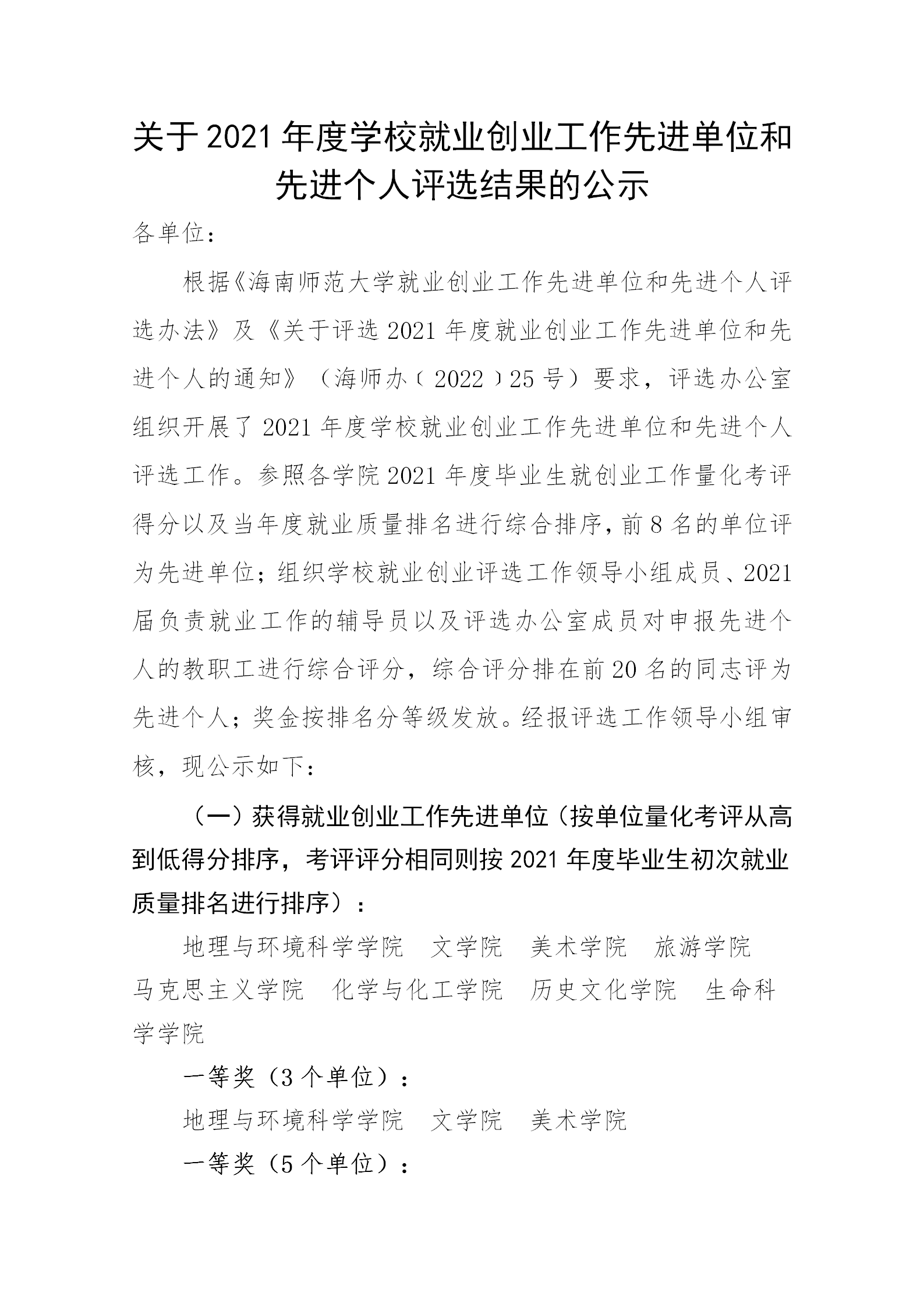 關于2021年度學校就業(yè)創(chuàng)業(yè)工作先進單位和先進個人評選結果的公示